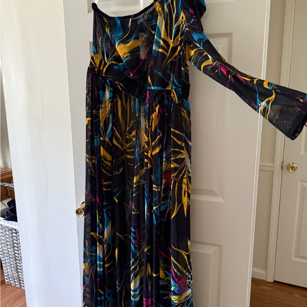 Black with Blue, Pink and Yellow Swirls, One Shoulder Bell Sleeve Top